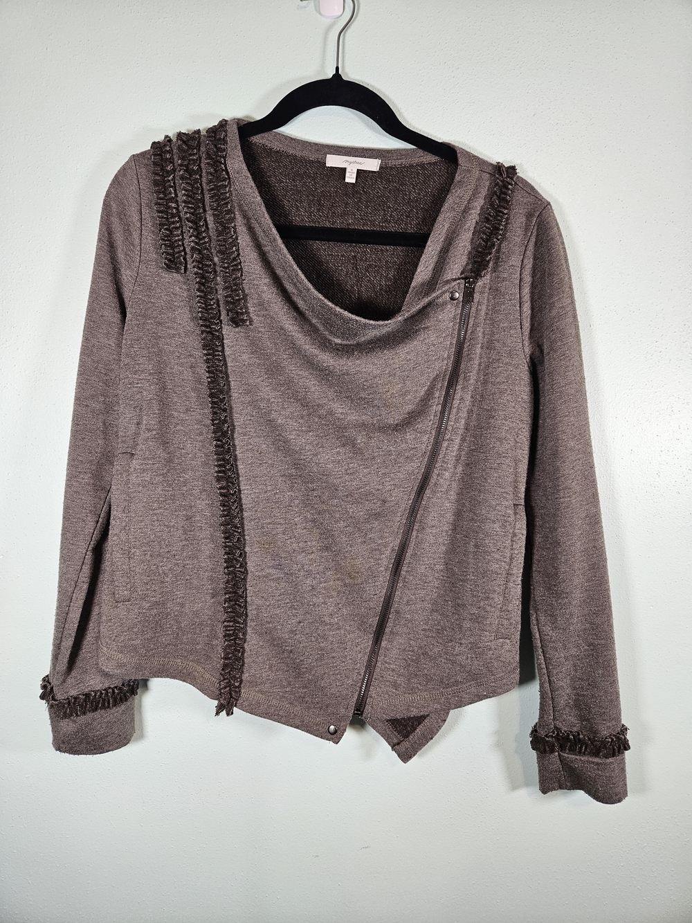 Mystree Taupe Fringed Asymmetrical Zip Jacket